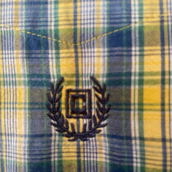 Chaps Men’s Plaid BU LSV Shirt Yellow Blue Size Large 60% Cotton 40% Polyester - Picture 4 of 4